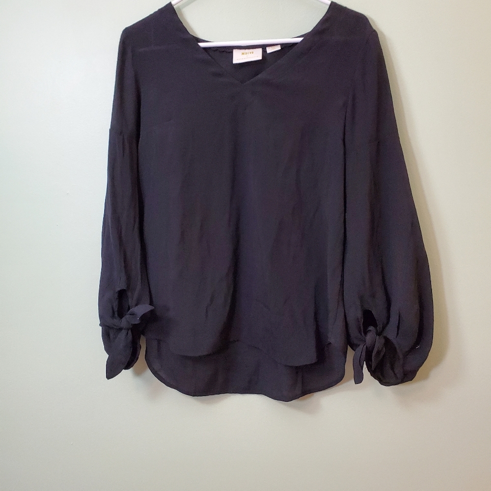 Maeve Anthropologie Womens Black Pernille Tie Sleeve Blouse Top Shirt Size XS